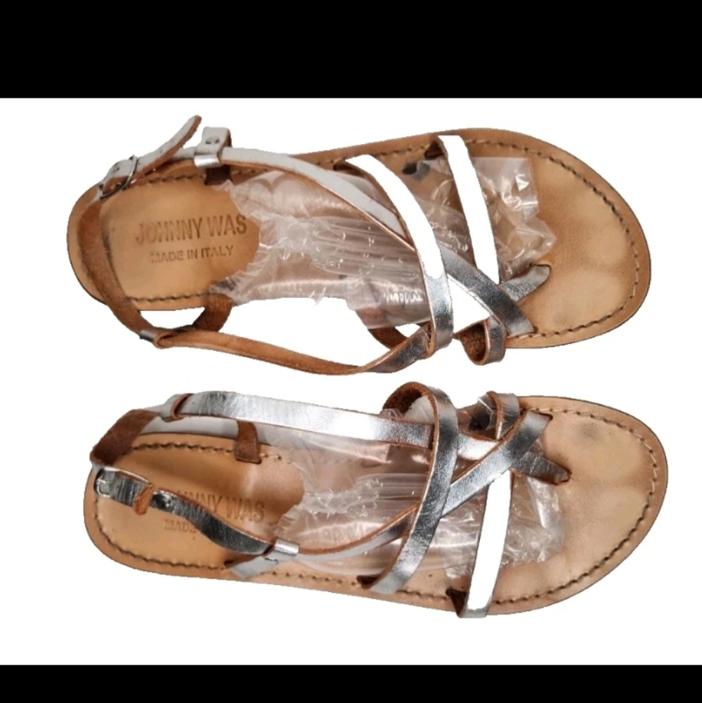 JOHNNY WAS Silver Leather Strap Sandals Gladiator Flat ITALY Size 39 - US 8.5/9